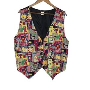 Womens Vintage Novelty Cat Print Vest Size 2X Fits XL Colorful Whimsical Retro